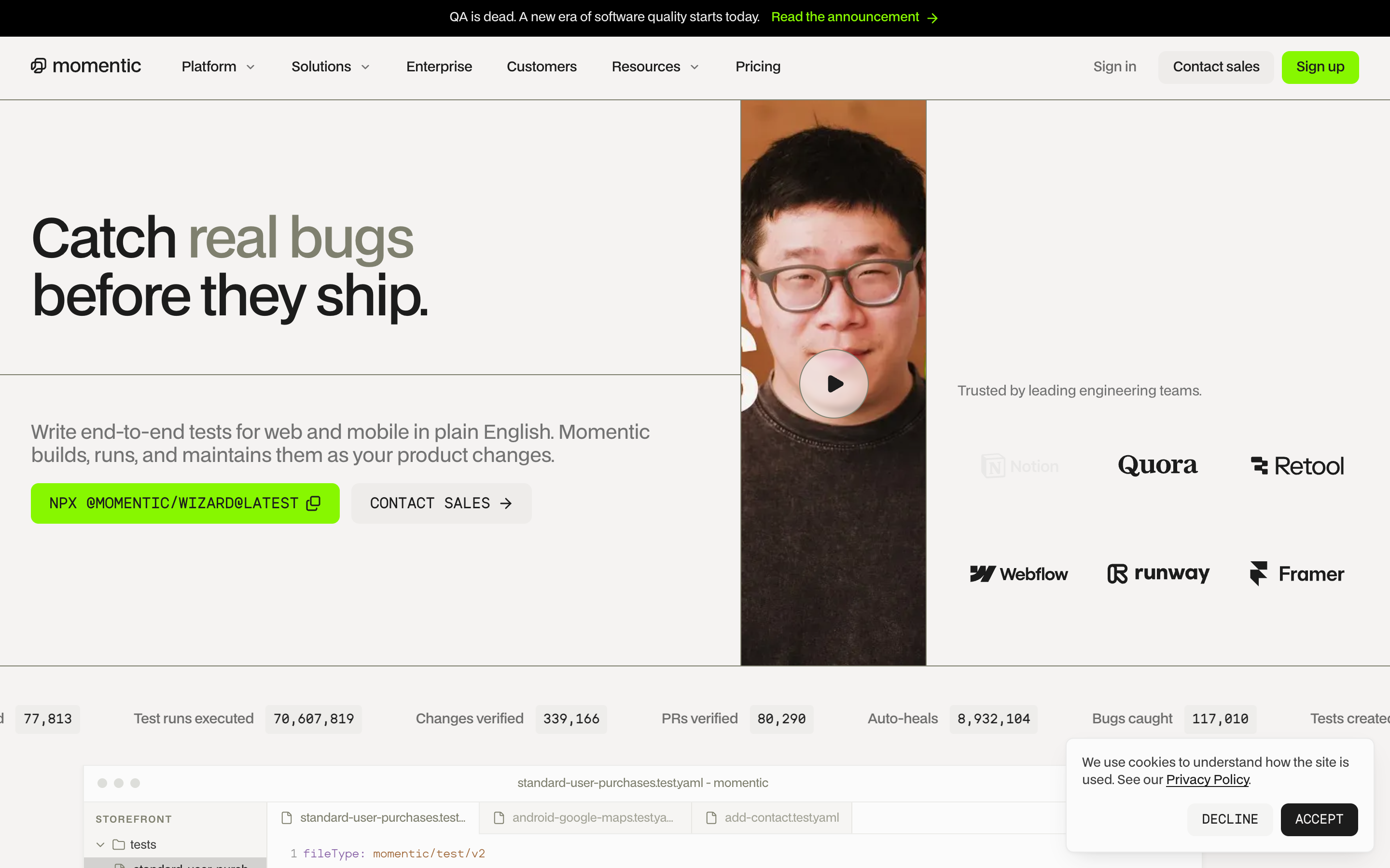 Momentic website screenshot