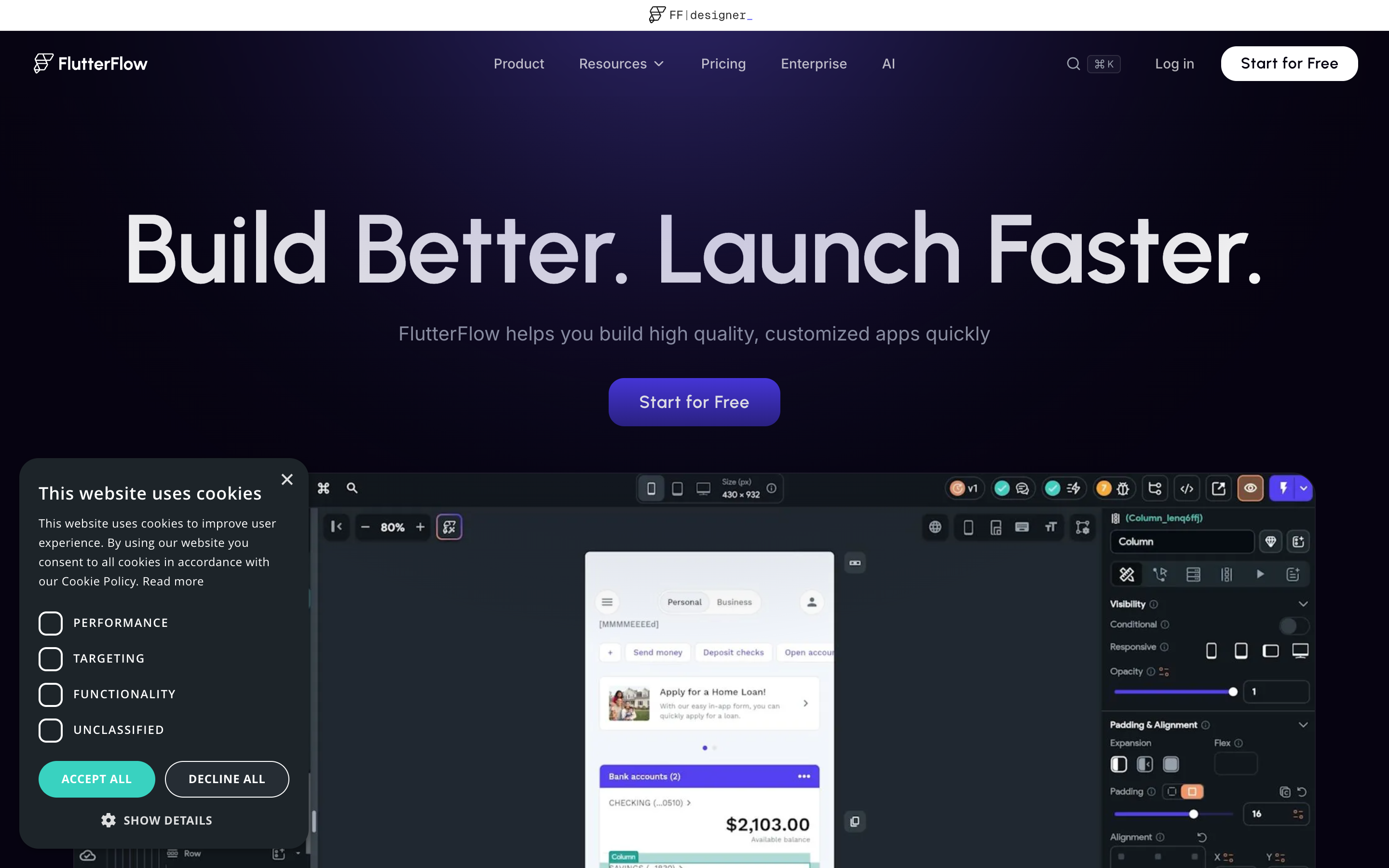 Flutterflow website screenshot